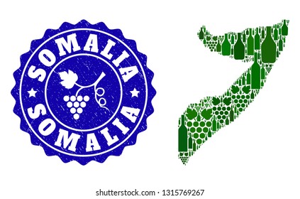 Vector collage of wine map of Somalia and grape grunge seal stamp. Map of Somalia collage created with bottles and grape berries bunches.