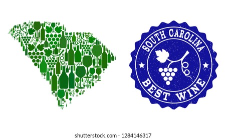 Vector collage of wine map of South Carolina State and best grape wine grunge seal stamp. Map of South Carolina State collage composed with bottles and grape berries bunches.