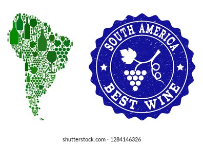 Collage vectorial del mapa del vino de Sudamérica y el mejor sello de grano de vino de uva. Mapa del collage sudamericano compuesto por botellas y racimos de bayas de uva.