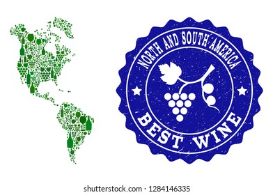Vector collage of wine map of South and North America and best grape wine grunge seal stamp. Map of South and North America collage designed with bottles and grape berries bunches.