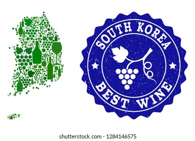 Vector collage of wine map of South Korea and best grape wine grunge seal stamp. Map of South Korea collage composed with bottles and grape berries bunches.