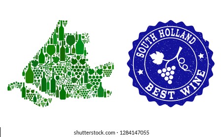 Vector collage of wine map of South Holland and best grape wine grunge seal stamp. Map of South Holland collage formed with bottles and grape berries bunches.