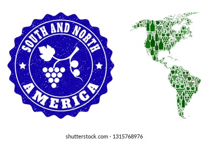 Vector collage of wine map of South and North America and grape grunge seal stamp. Map of South and North America collage formed with bottles and grape berries bunches.