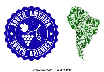 Vector collage of wine map of South America and grape grunge seal stamp. Map of South America collage composed with bottles and grape berries bunches.