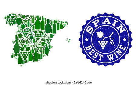 Vector collage of wine map of Spain and best grape wine grunge watermark. Map of Spain collage composed with bottles and grape berries bunches.