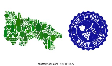 Vector collage of wine map of Spain - La Rioja and best grape wine grunge seal. Map of Spain - La Rioja collage designed with bottles and grape berries bunches.