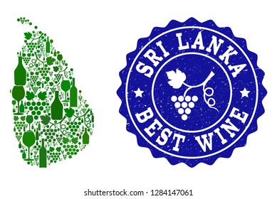 Vector collage of wine map of Sri Lanka and best grape wine grunge seal stamp. Map of Sri Lanka collage formed with bottles and grape berries bunches.