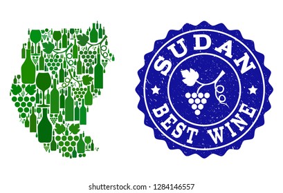 Vector collage of wine map of Sudan and best grape wine grunge seal. Map of Sudan collage formed with bottles and grape berries bunches.