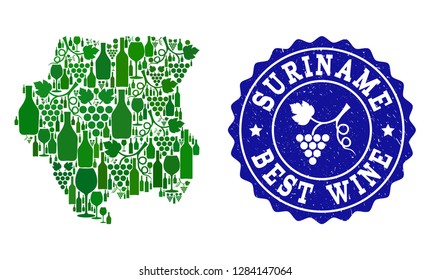 Vector collage of wine map of Suriname and best grape wine grunge watermark. Map of Suriname collage composed with bottles and grape berries bunches.