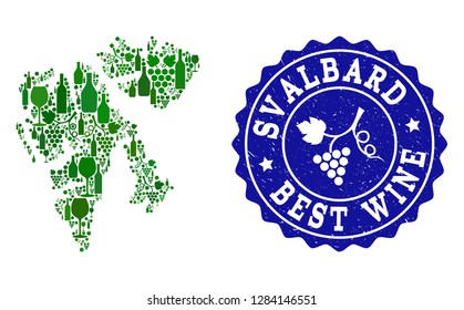 Vector collage of wine map of Svalbard Islands and best grape wine grunge seal stamp. Map of Svalbard Islands collage designed with bottles and grape berries bunches.