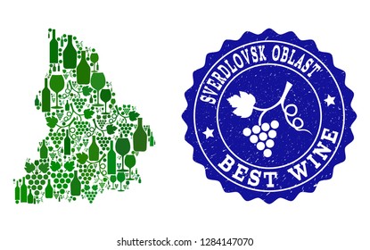 Vector collage of wine map of Sverdlovsk Region and best grape wine grunge seal. Map of Sverdlovsk Region collage designed with bottles and grape berries bunches.
