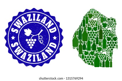 Vector collage of wine map of Swaziland and grape grunge seal. Map of Swaziland collage formed with bottles and grape berries bunches.