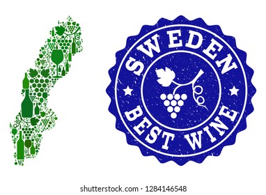 Vector collage of wine map of Sweden and best grape wine grunge seal. Map of Sweden collage created with bottles and grape berries bunches.
