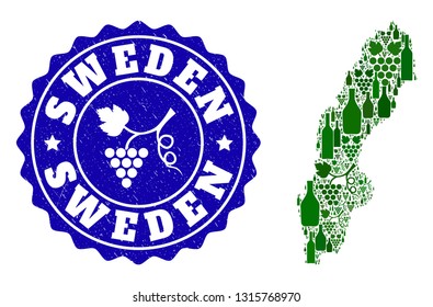 Vector collage of wine map of Sweden and grape grunge seal stamp. Map of Sweden collage designed with bottles and grape berries bunches.