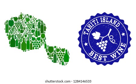 Vector collage of wine map of Tahiti Island and best grape wine grunge stamp. Map of Tahiti Island collage designed with bottles and grape berries bunches.