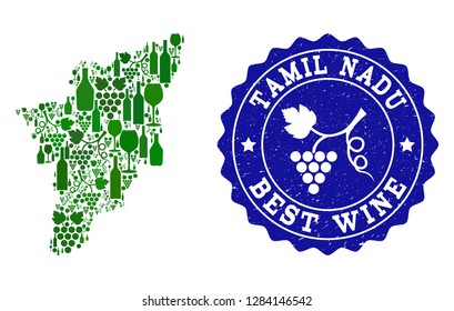 Vector collage of wine map of Tamil Nadu State and best grape wine grunge seal stamp. Map of Tamil Nadu State collage composed with bottles and grape berries bunches.