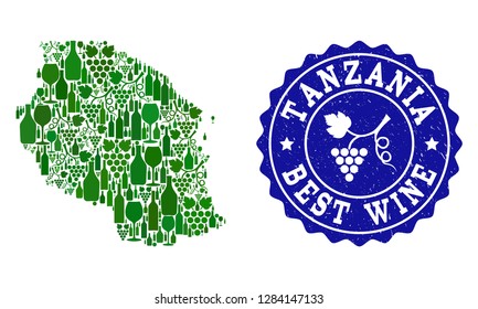 Vector collage of wine map of Tanzania and best grape wine grunge stamp. Map of Tanzania collage formed with bottles and grape berries bunches.