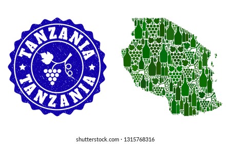 Vector collage of wine map of Tanzania and grape grunge seal stamp. Map of Tanzania collage created with bottles and grape berries bunches.
