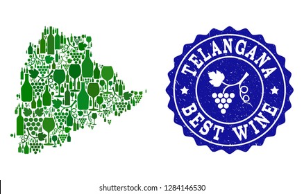 Vector collage of wine map of Telangana State and best grape wine grunge seal. Map of Telangana State collage composed with bottles and grape berries bunches.