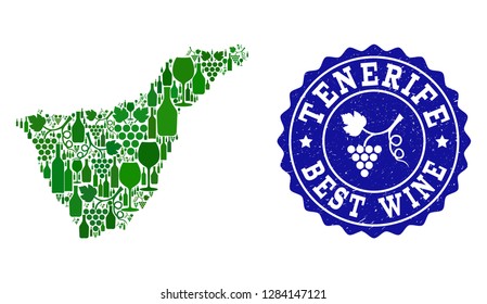 Vector collage of wine map of Tenerife Island and best grape wine grunge seal. Map of Tenerife Island collage formed with bottles and grape berries bunches.