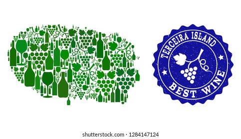 Vector collage of wine map of Terceira Island and best grape wine grunge seal. Map of Terceira Island collage formed with bottles and grape berries bunches.