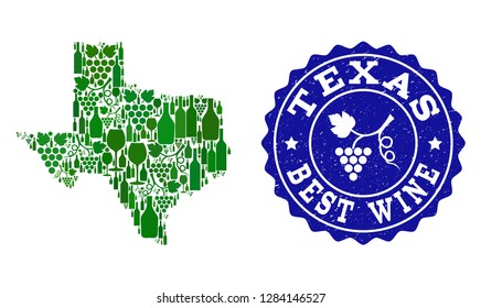 Vector collage of wine map of Texas State and best grape wine grunge watermark. Map of Texas State collage created with bottles and grape berries bunches.