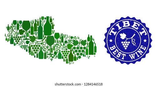 Vector collage of wine map of Tibet and best grape wine grunge stamp. Map of Tibet collage designed with bottles and grape berries bunches.