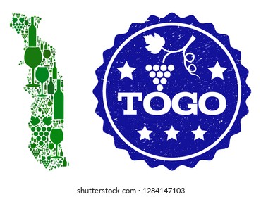 Vector collage of wine map of Togo and best grape wine grunge watermark. Map of Togo collage designed with bottles and grape berries bunches.