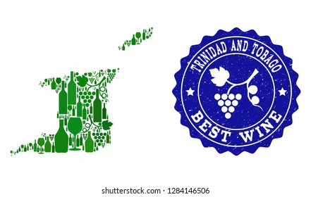 Vector collage of wine map of Trinidad and Tobago and best grape wine grunge watermark. Map of Trinidad and Tobago collage composed with bottles and grape berries bunches.