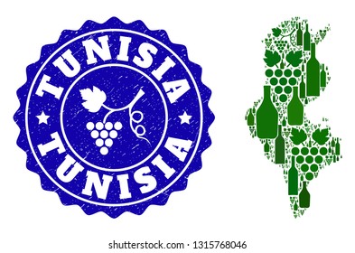 Vector collage of wine map of Tunisia and grape grunge stamp. Map of Tunisia collage designed with bottles and grape berries bunches.