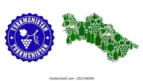 Vector collage of wine map of Turkmenistan and grape grunge seal stamp. Map of Turkmenistan collage formed with bottles and grape berries bunches.