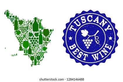 Vector collage of wine map of Tuscany region and best grape wine grunge watermark. Map of Tuscany region collage designed with bottles and grape berries bunches.