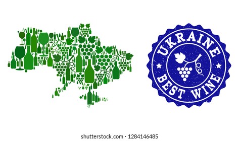 Vector collage of wine map of Ukraine and best grape wine grunge watermark. Map of Ukraine collage formed with bottles and grape berries bunches.