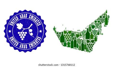 Vector collage of wine map of United Arab Emirates and grape grunge seal. Map of United Arab Emirates collage formed with bottles and grape berries bunches.