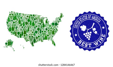 Vector collage of wine map of USA territories and best grape wine grunge stamp. Map of USA territories collage designed with bottles and grape berries bunches.