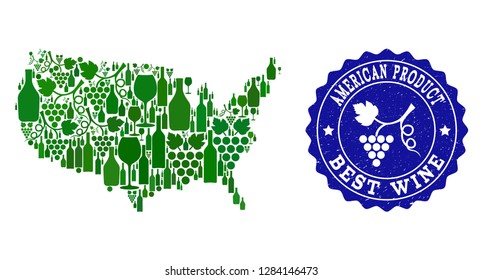 Vector collage of wine map of USA and best grape wine grunge stamp. Map of USA collage composed with bottles and grape berries bunches.