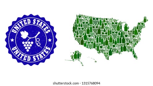 Vector collage of wine map of USA territories and grape grunge stamp. Map of USA territories collage formed with bottles and grape berries bunches.