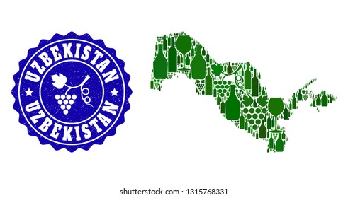 Vector collage of wine map of Uzbekistan and grape grunge seal. Map of Uzbekistan collage composed with bottles and grape berries bunches.