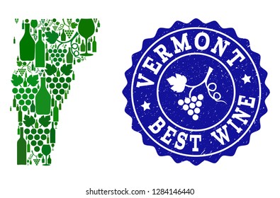 Vector collage of wine map of Vermont State and best grape wine grunge seal stamp. Map of Vermont State collage composed with bottles and grape berries bunches.