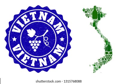 Vector collage of wine map of Vietnam and grape grunge seal stamp. Map of Vietnam collage formed with bottles and grape berries bunches.