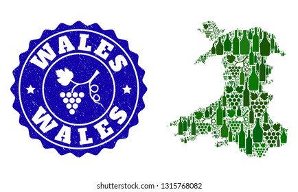 Vector collage of wine map of Wales and grape grunge seal stamp. Map of Wales collage formed with bottles and grape berries bunches.
