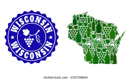 Vector collage of wine map of Wisconsin State and grape grunge seal stamp. Map of Wisconsin State collage formed with bottles and grape berries bunches.