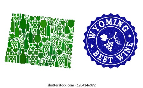 Vector collage of wine map of Wyoming State and best grape wine grunge seal. Map of Wyoming State collage composed with bottles and grape berries bunches.