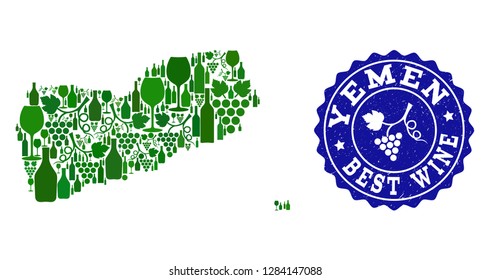 Vector collage of wine map of Yemen and best grape wine grunge seal. Map of Yemen collage formed with bottles and grape berries bunches.