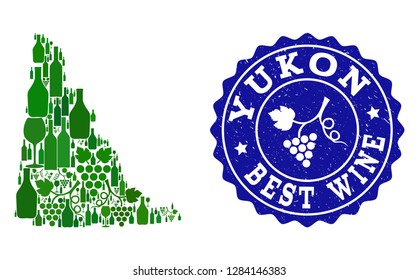 Vector collage of wine map of Yukon Province and best grape wine grunge stamp. Map of Yukon Province collage composed with bottles and grape berries bunches.