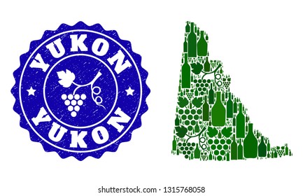 Vector collage of wine map of Yukon Province and grape grunge seal stamp. Map of Yukon Province collage composed with bottles and grape berries bunches.