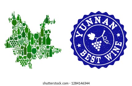 Vector collage of wine map of Yunnan Province and best grape wine grunge seal. Map of Yunnan Province collage formed with bottles and grape berries bunches.