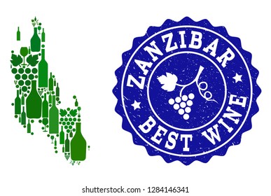 Vector collage of wine map of Zanzibar Island and best grape wine grunge stamp. Map of Zanzibar Island collage composed with bottles and grape berries bunches.