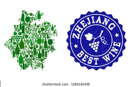 Vector collage of wine map of Zhejiang Province and best grape wine grunge seal. Map of Zhejiang Province collage formed with bottles and grape berries bunches.