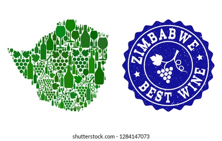 Vector collage of wine map of Zimbabwe and best grape wine grunge seal. Map of Zimbabwe collage created with bottles and grape berries bunches.